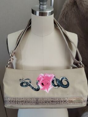 Roberto Cavalli Y2K Freedom Beige Canvas Shoulder Bag Pink Rose & Snake Accent